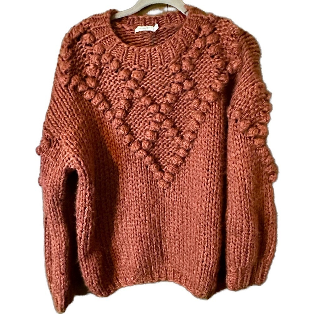 Amaryllis Women’s Rust Red Chunky Knit Puff Detailed Ribbed Sweater Sz M/L NWT